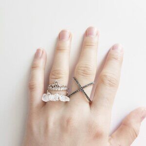 Triple white translucent crystal gemstones on silver wire ring